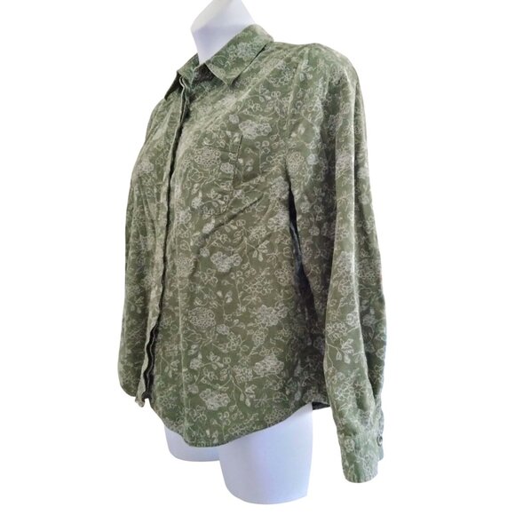 C.J. Banks Plus Size 1X Top Green Floral Corduroy Button-Up Long Sleeve Collared - Picture 5 of 11